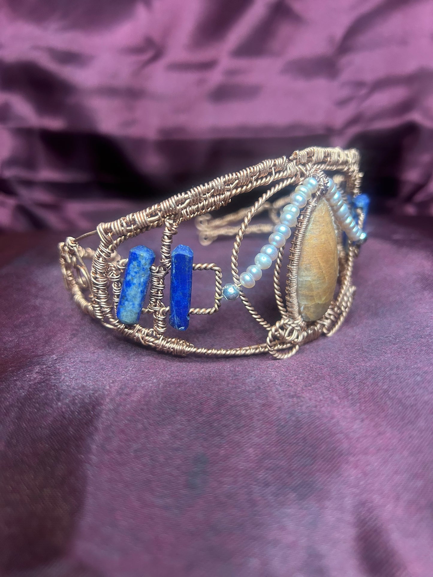 Celestial Serenity Crown - Peach Moonstone, Lapis Lazuli & Pearl