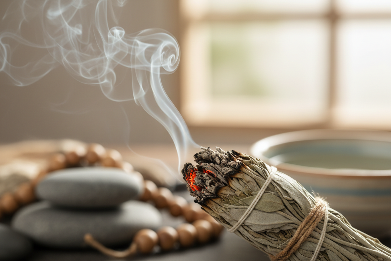 Burning sage bundle with smoke